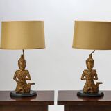 Paire de lampes  de table Bouddha en bois avec abat-jours