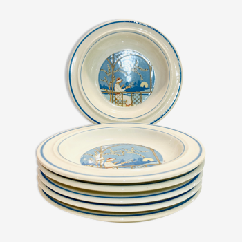 X6 assiettes creuses à motif bleu san marciano ceramiche- retro-cuisine- vintage