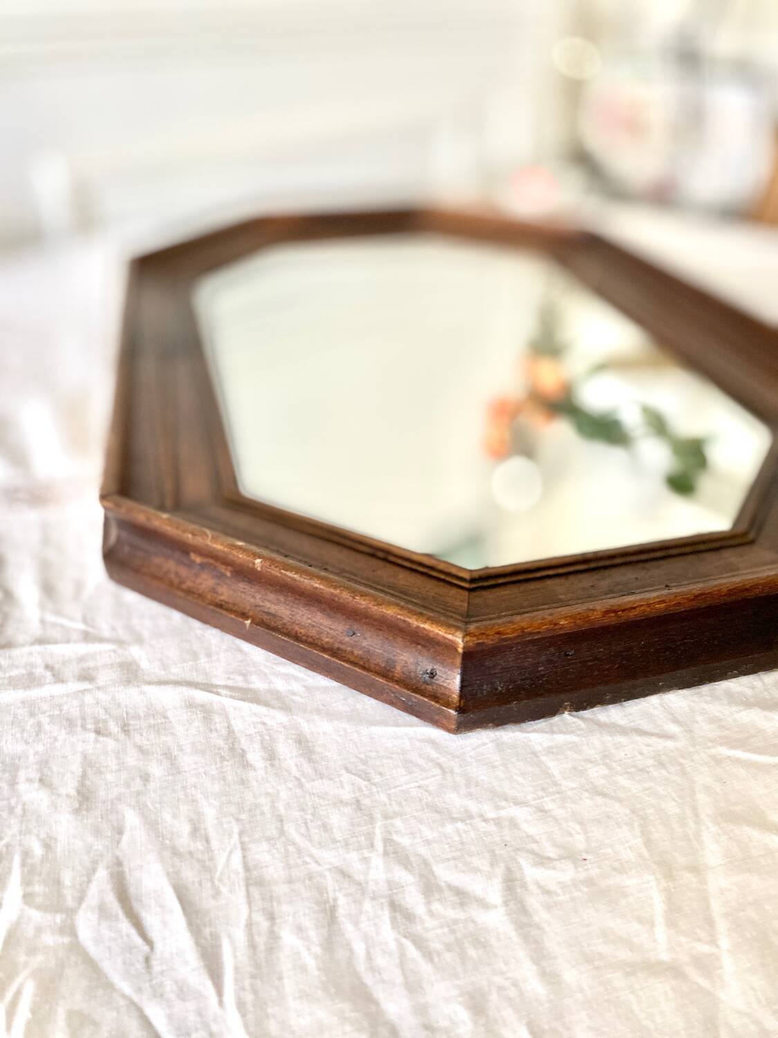Vintage dark wood octagonal mirror