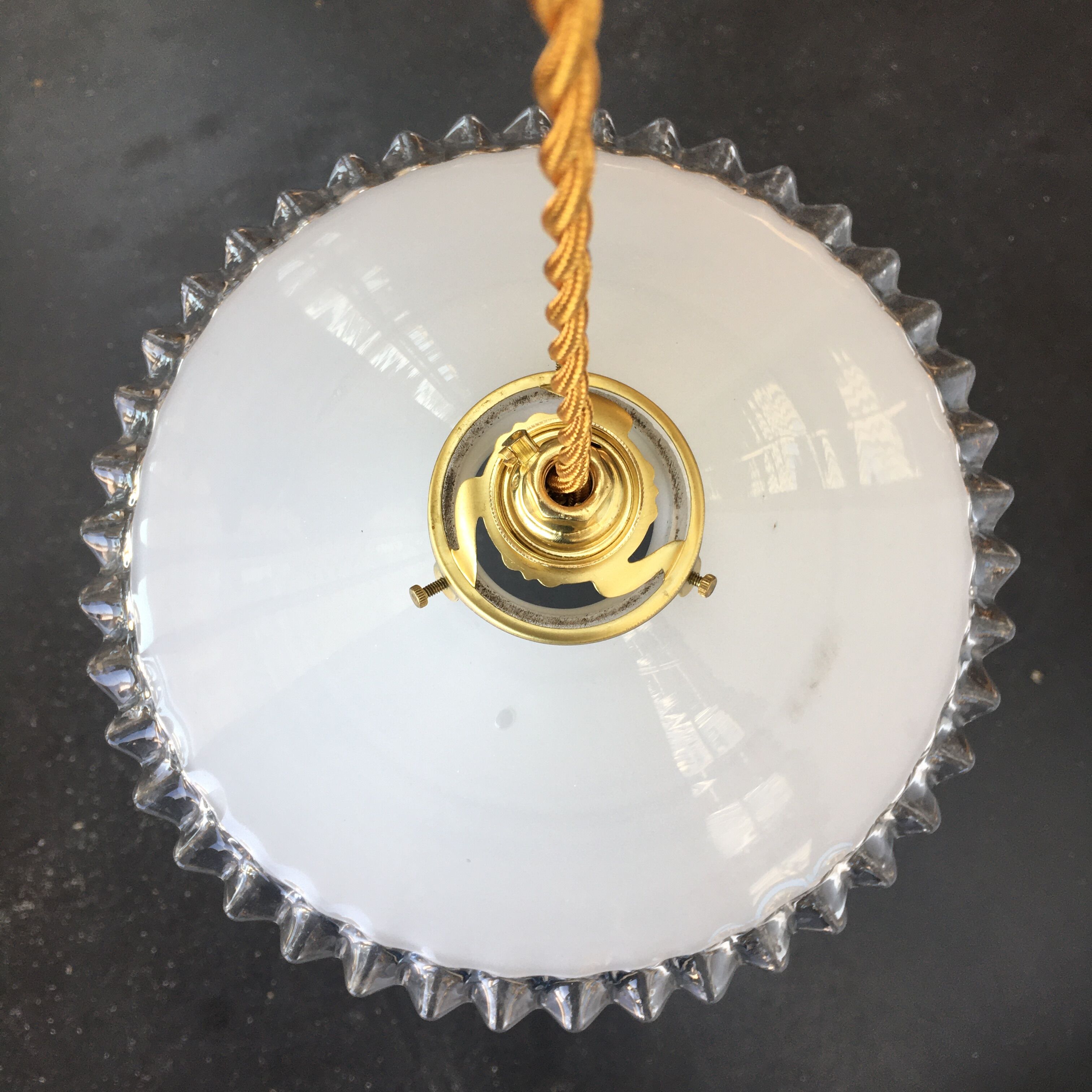 Pair of white opaline and toothed edges hanging lamps