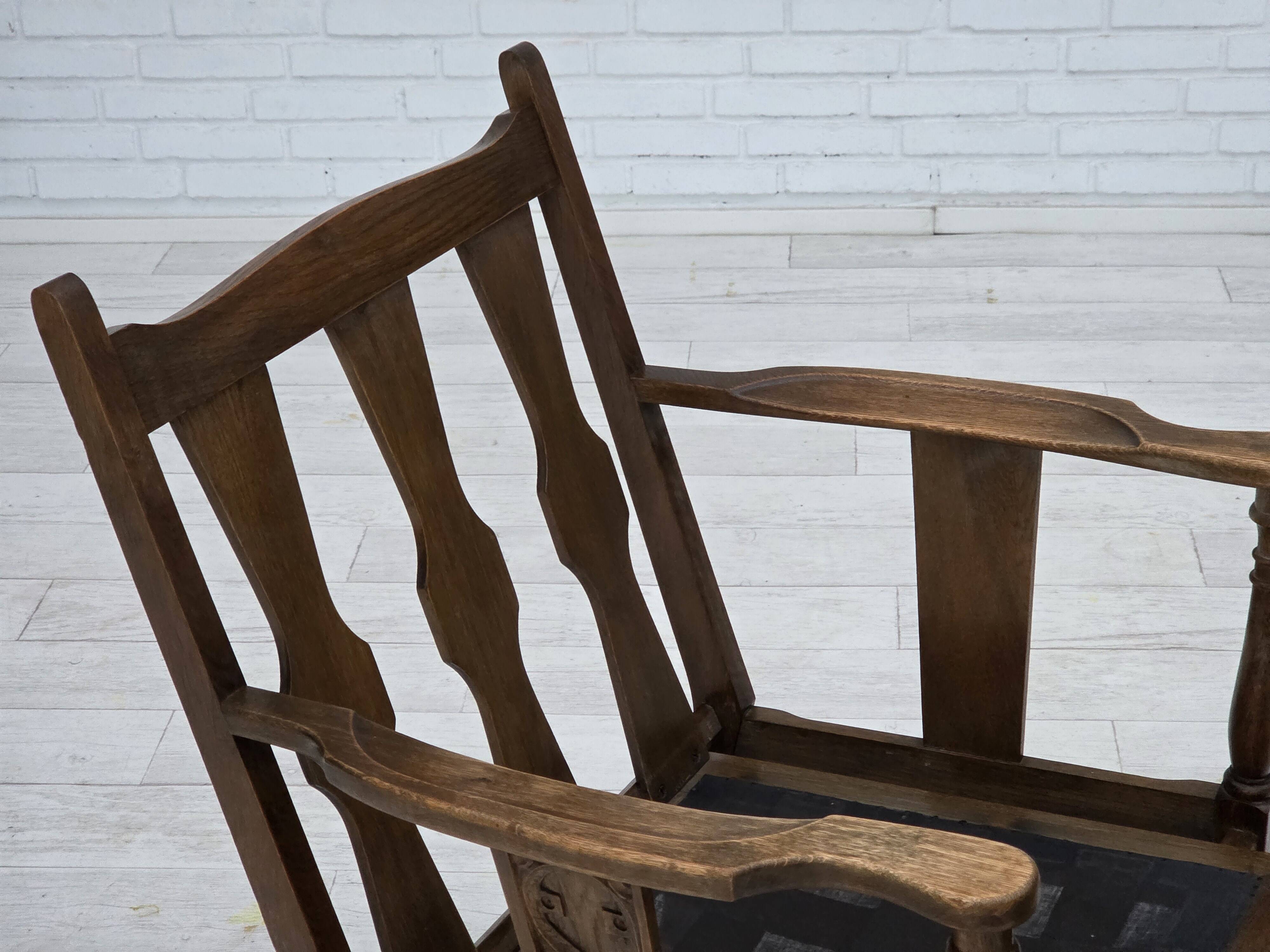 1950s, Danish vintage armchair, original green furniture velour, oak wood.