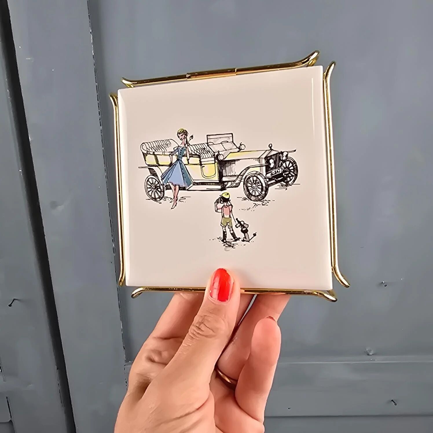Set of 3 vintage Gien trivets – Retro car, child & couple design