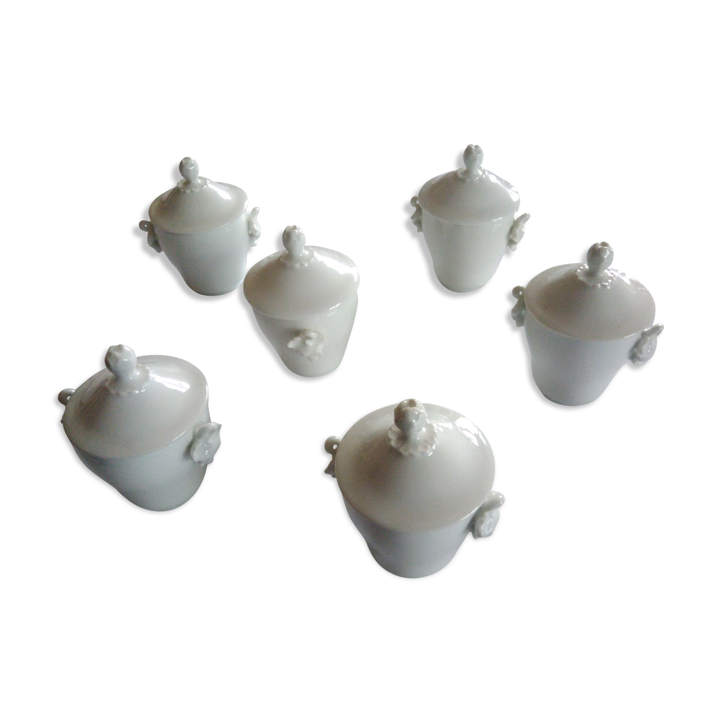 6 glassed antique porcelain covered jars for foie gras or entremets
