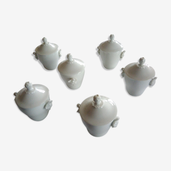 6 glassed antique porcelain covered jars for foie gras or entremets