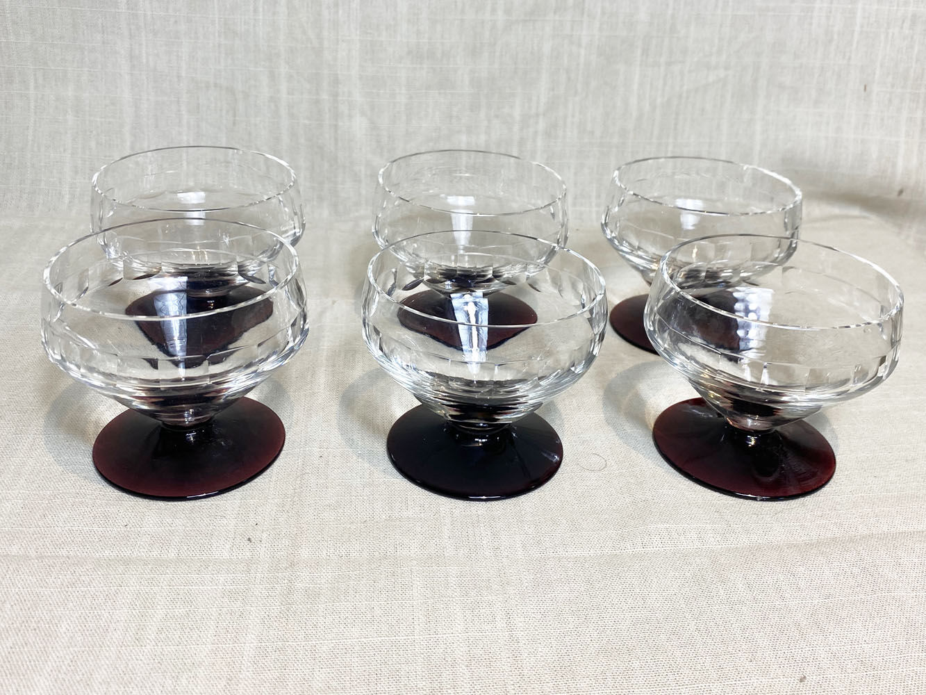 6 Art Deco glasses, purple foot