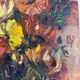 Oil on canvas expressionist colourful flowers in a blue vase.