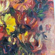 Huile sur toile expressionniste fleurs colorées dans un vase bleu