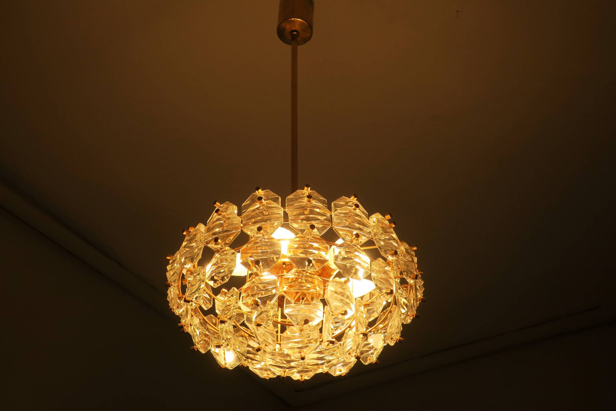 Kinkeldey gold-plated brass and faceted glass chandelier, 1960s