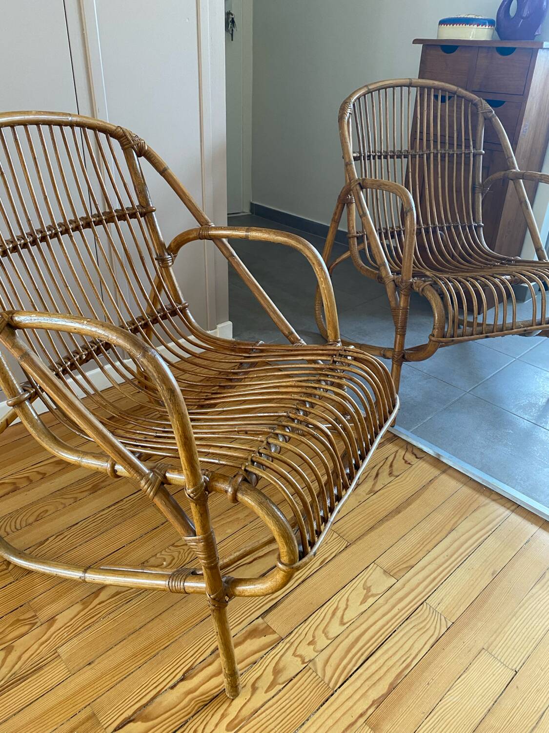 Rare pair of vintage rattan and wicker armchairs from the 1950s
