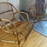 Rare pair of vintage rattan and wicker armchairs from the 1950s