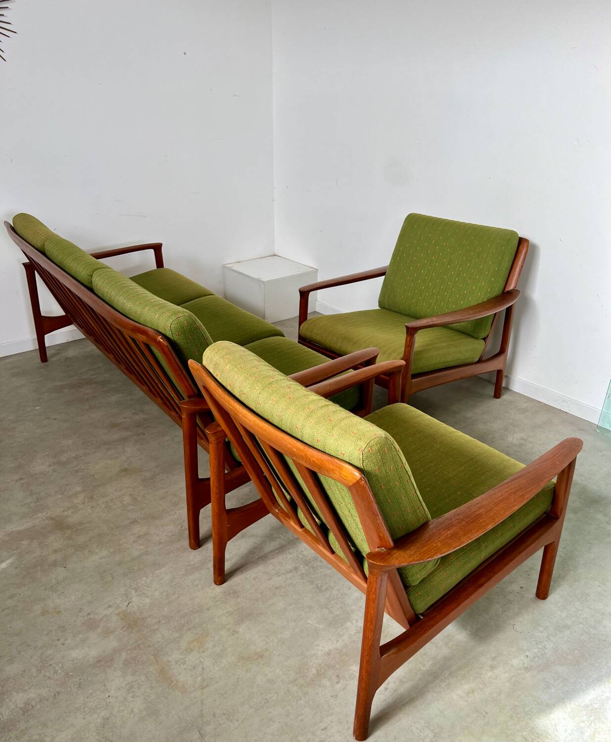 Living room set sofa armchair coffee table Scandinavian design 60s Swedish vintage teak