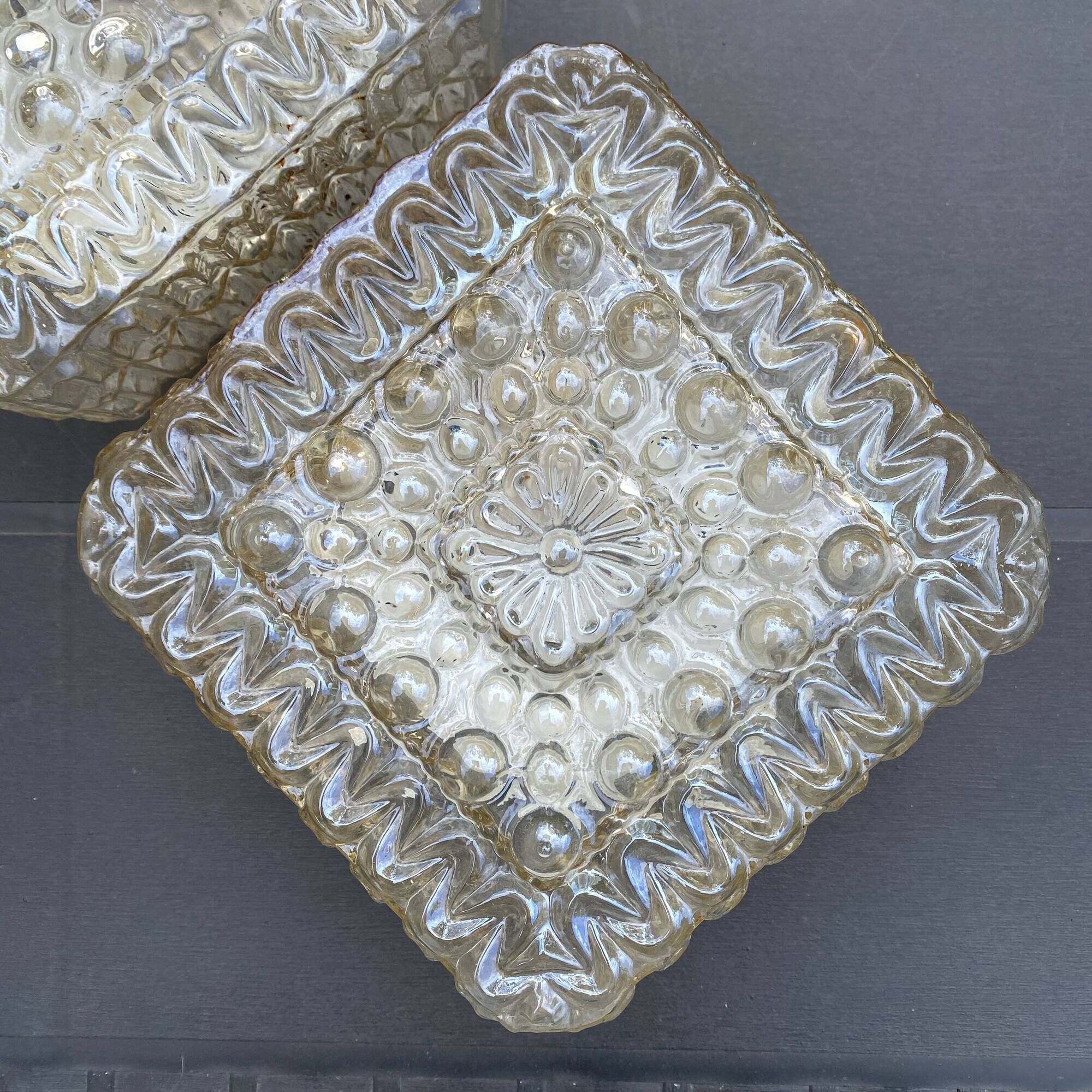 2 square ceiling lights in amber glass, 70s-80s