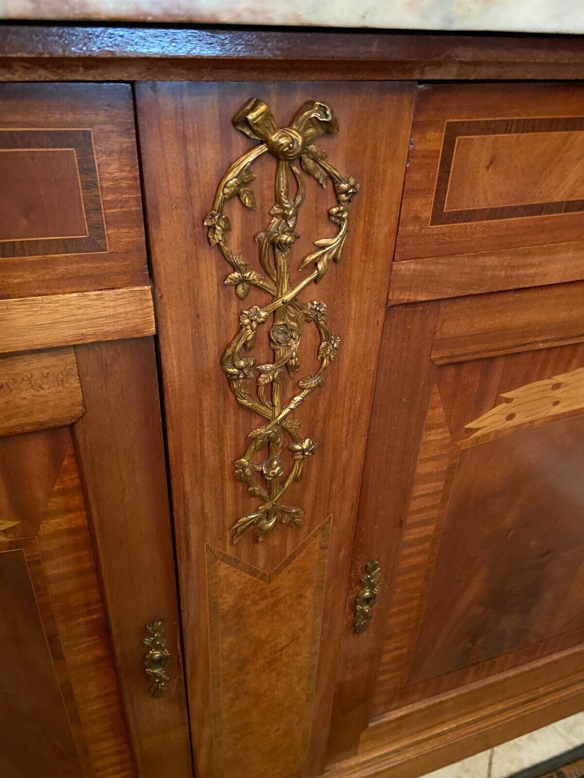 Sideboard two body mirror top marble decoration inlaid bronze Louis XVI