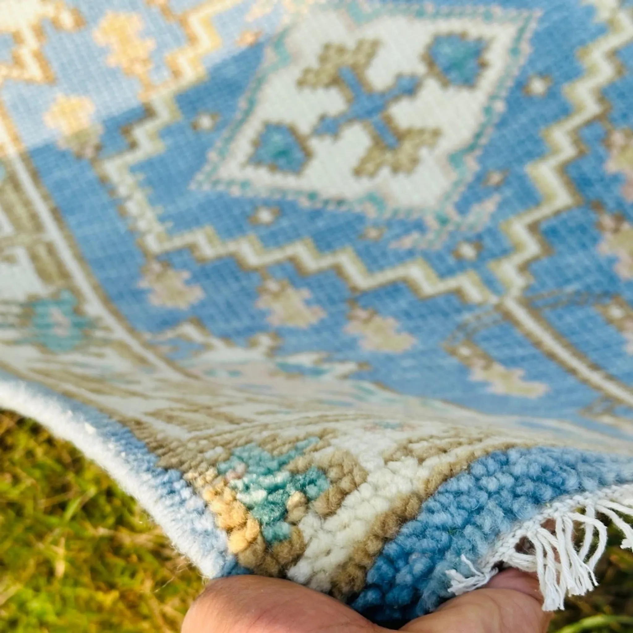 Hand-Knotted Oushak Wool Area Rug, Blue Medallion Design Accent Rug for Entryway
