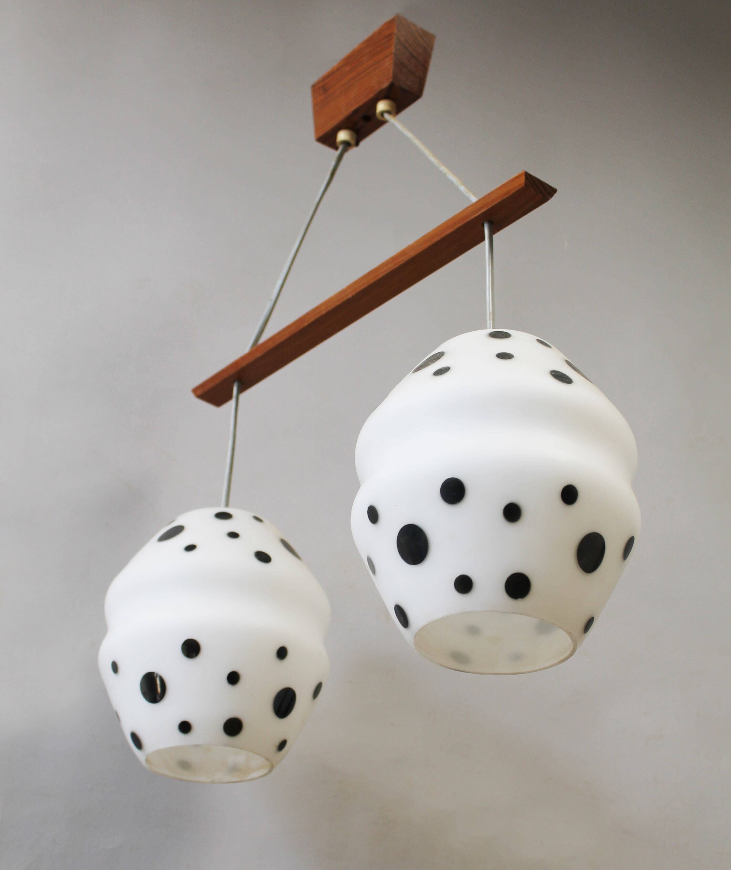 Vintage 1960s Czech Double Pendant Light with Black & White Opaline Glass