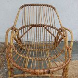 4 armchairs and a coffee table made of rattan and bamboo wood, vintage.