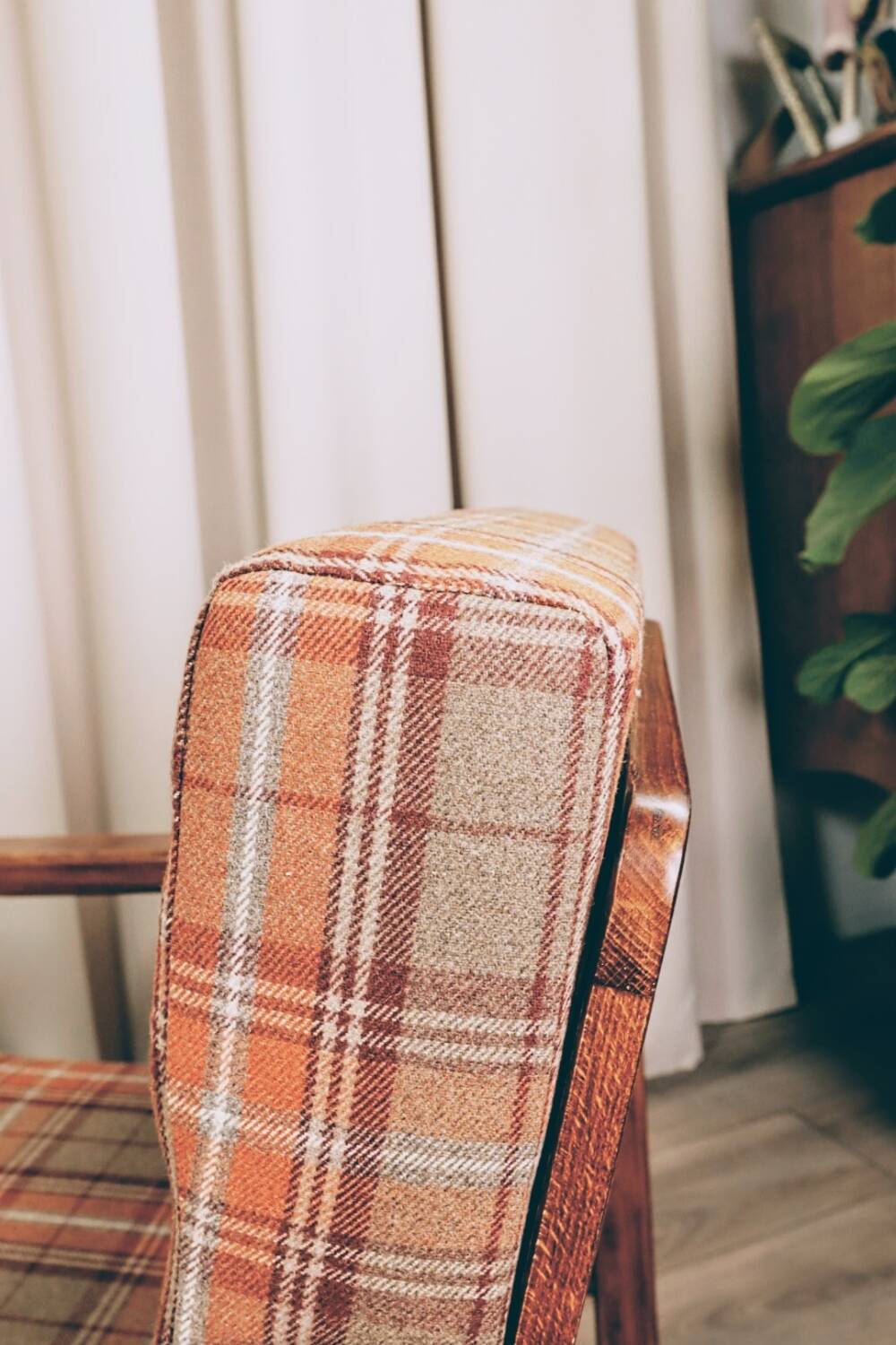 Scandinavian armchair in natural wool, orange, checked, 1965, Z. Baczyk