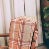 Scandinavian armchair in natural wool, orange, checked, 1965, Z. Baczyk