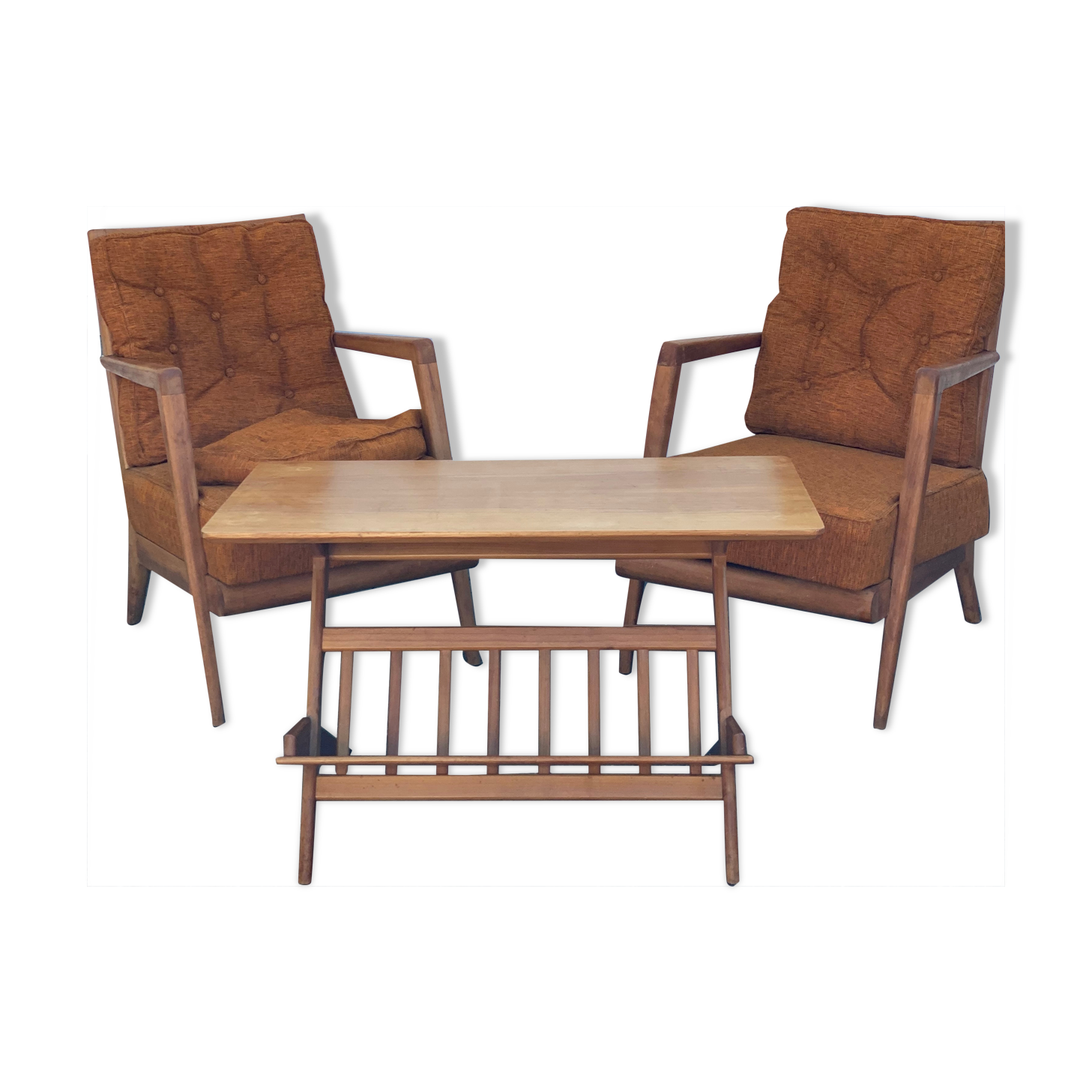 Trio of Knoll Lounge Chairs with Magazine Table.