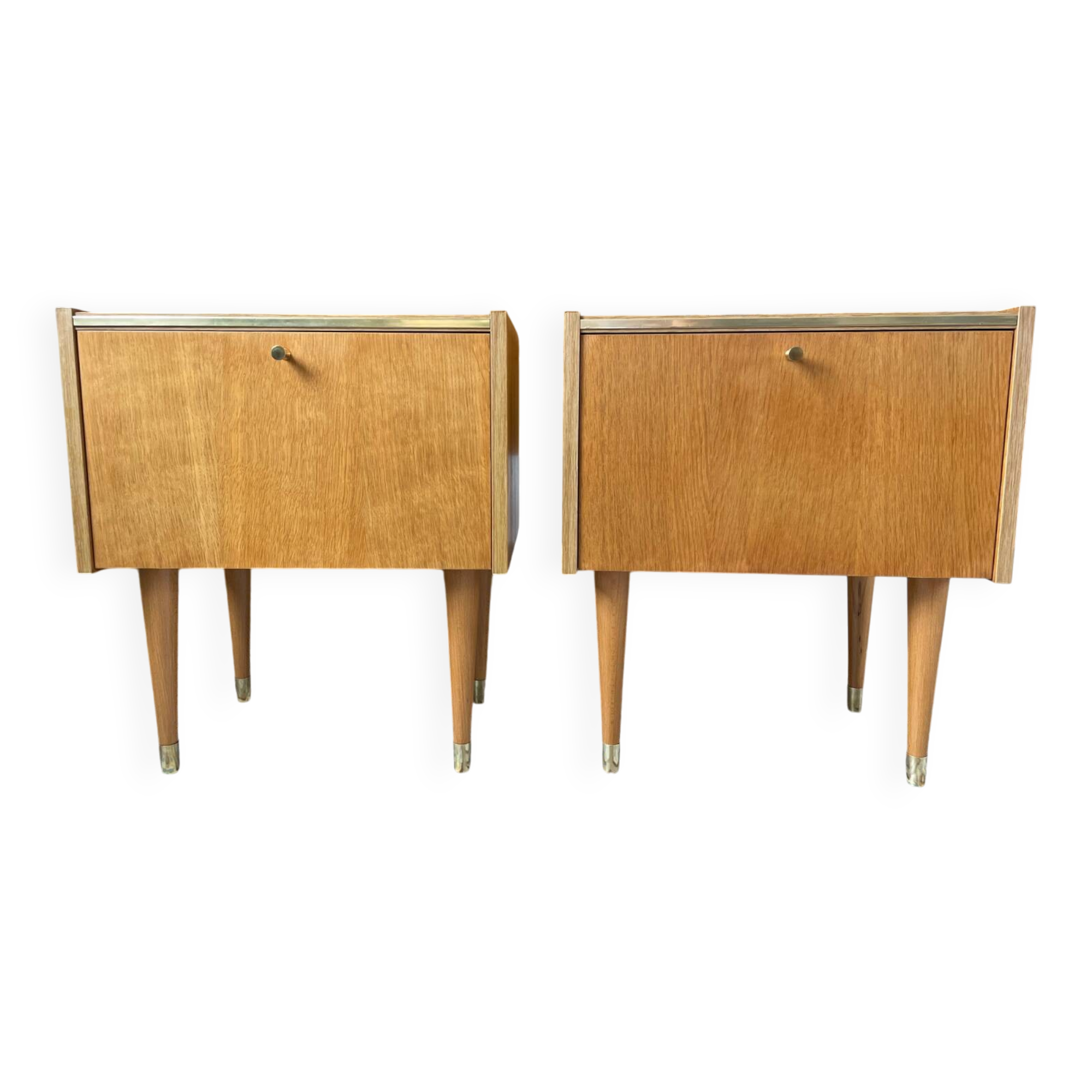 Paire de chevets en bois SEMB vintage – pieds compas & laiton doré