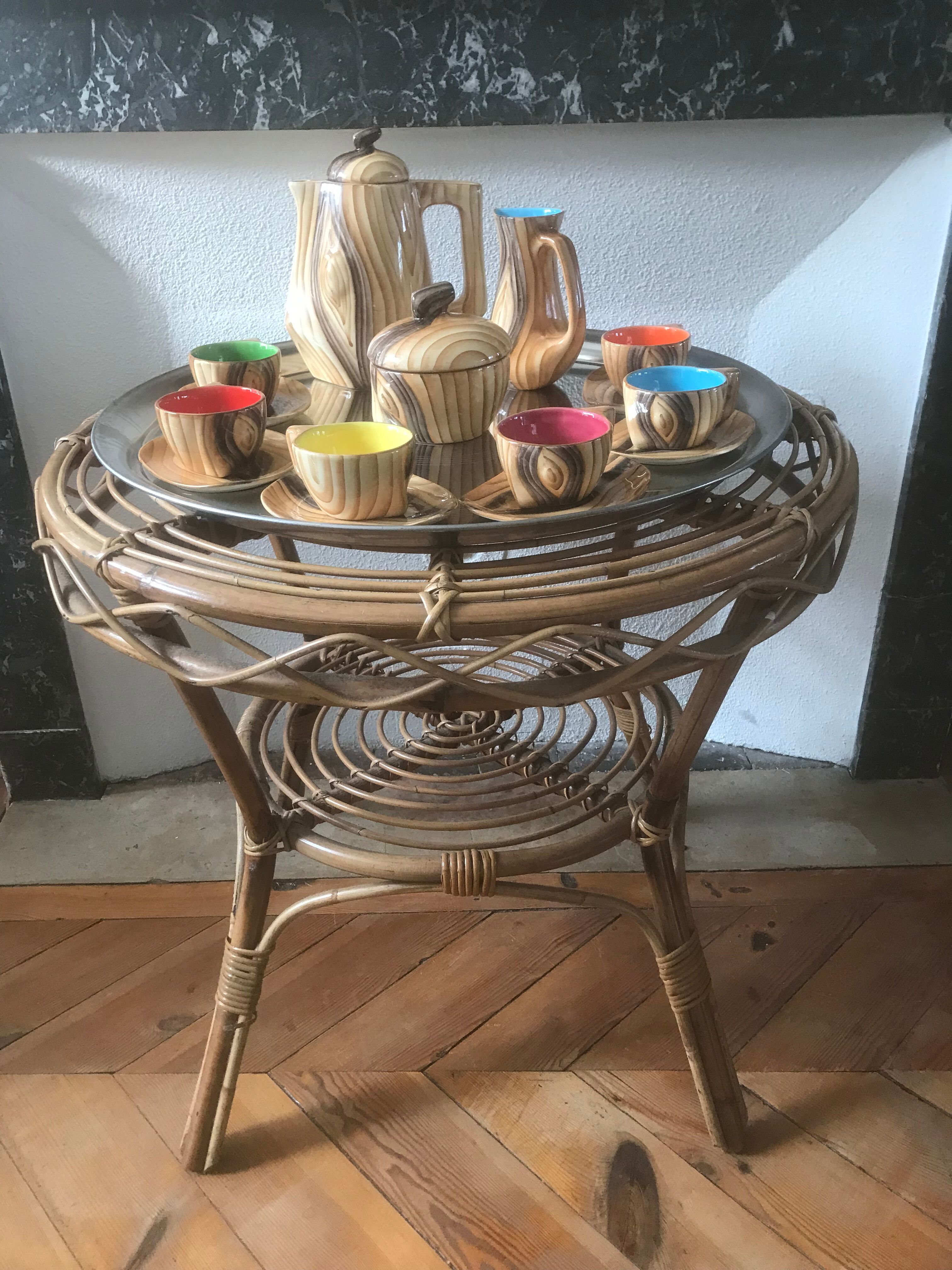 Vintage rattan round coffee table 1960