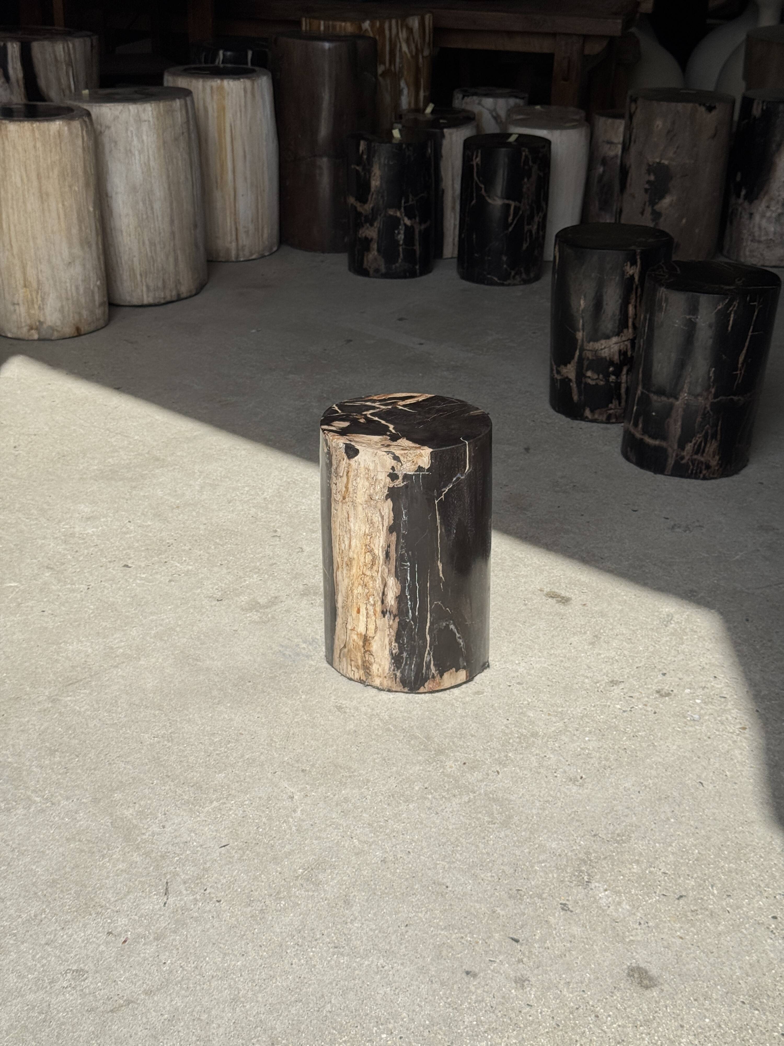 Small side table in black petrified wood with stripes and beige sides H28 D18.