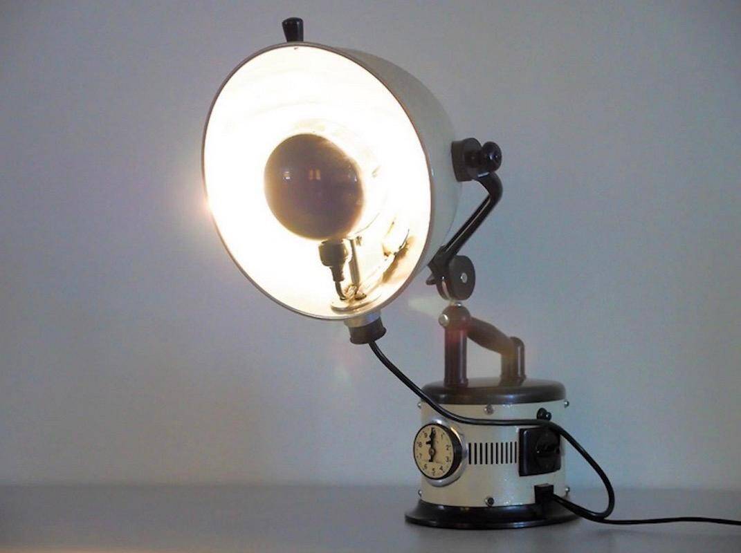Black and white table lamp made from a 1940s solar lamp.