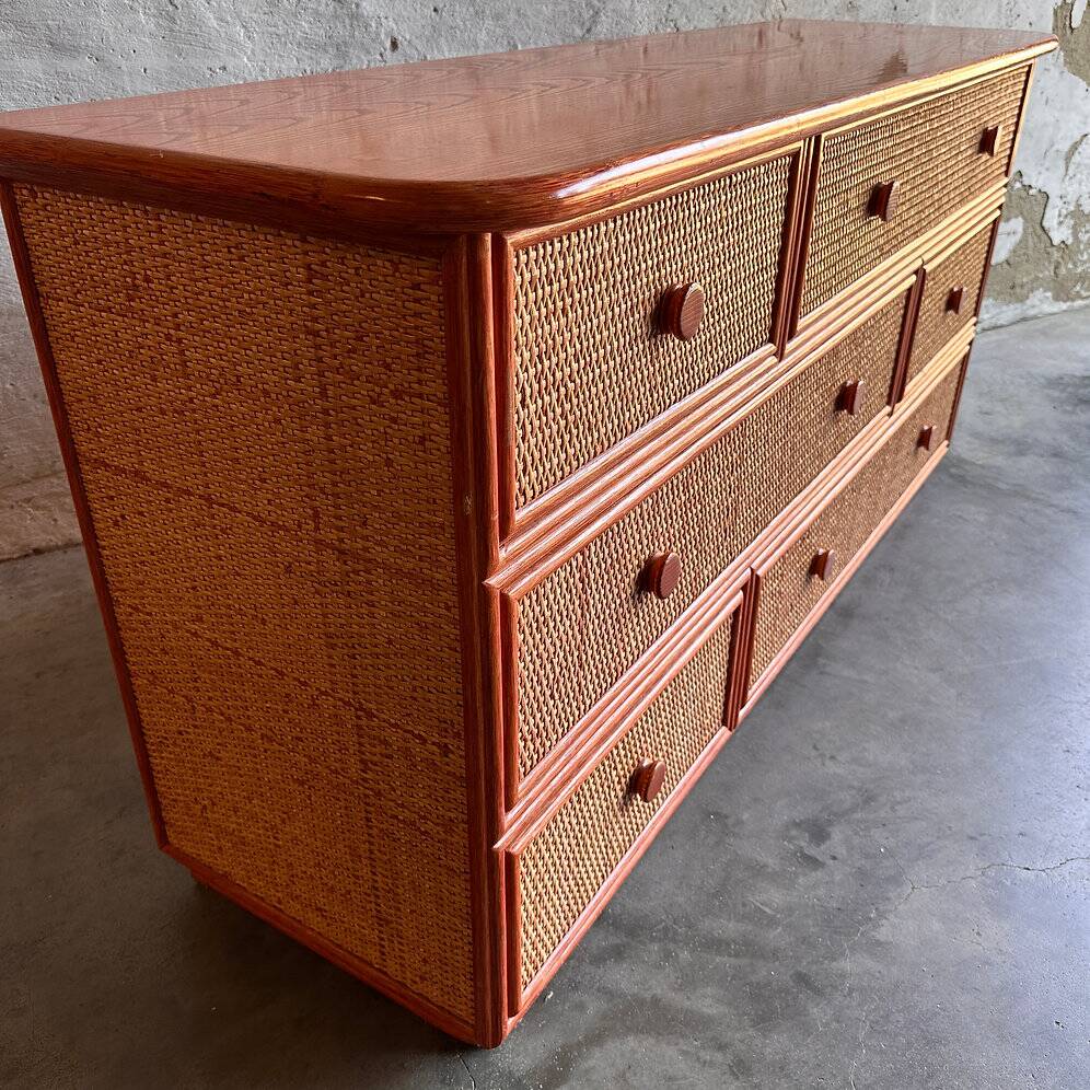 Vintage Maugrion rattan bamboo chest of drawers for Roche Bobois