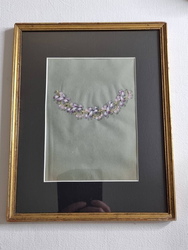 Gouache Art Déco 1930 – Prototype de collier floral encadré 23×28 cm