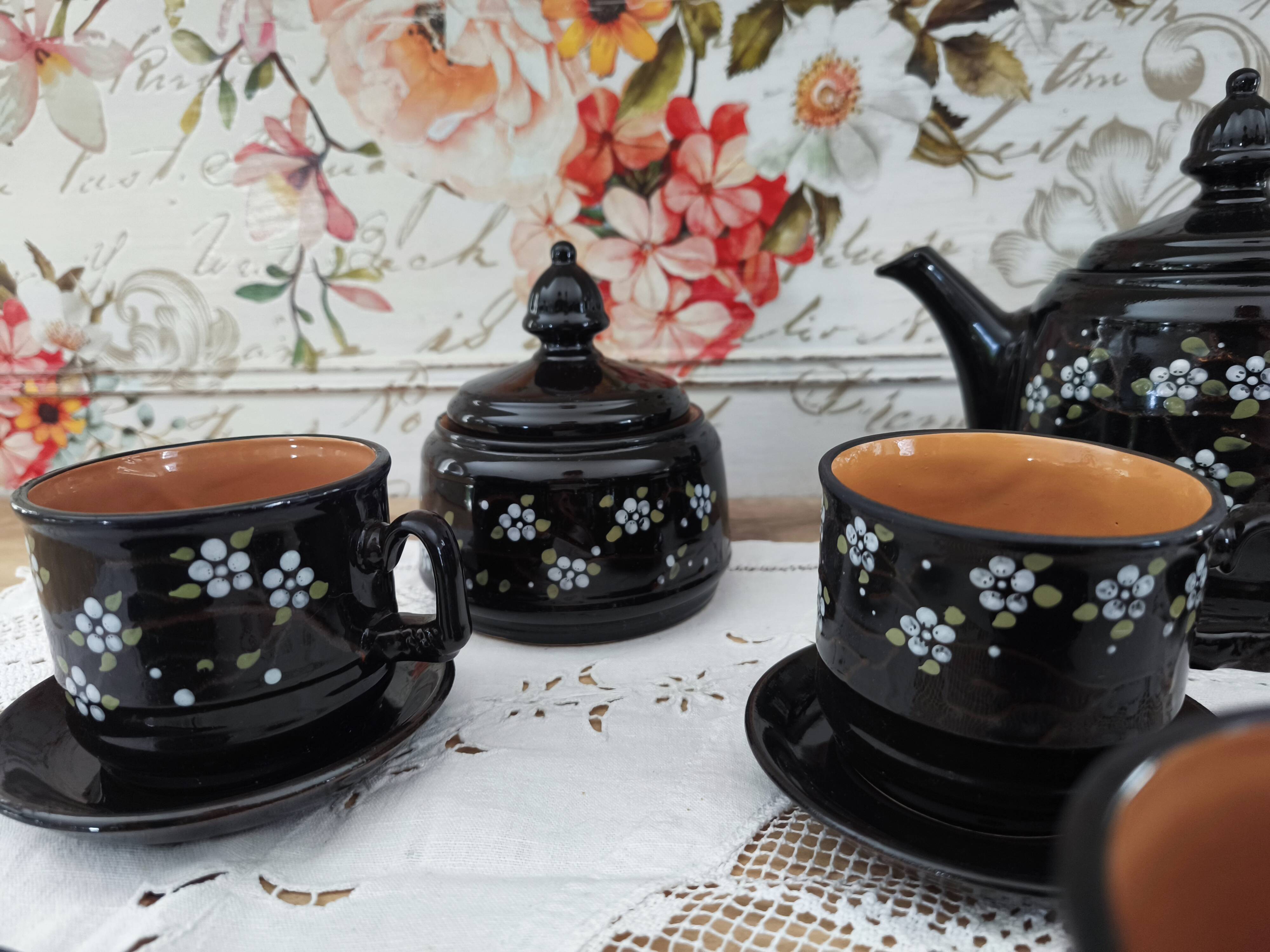 Vintage Russian tea set 14 pieces for 6 people in enamelled terracotta