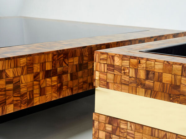 Table bar ou jardinière marqueterie de bois d’olivier laiton par Sandro Petti 1970