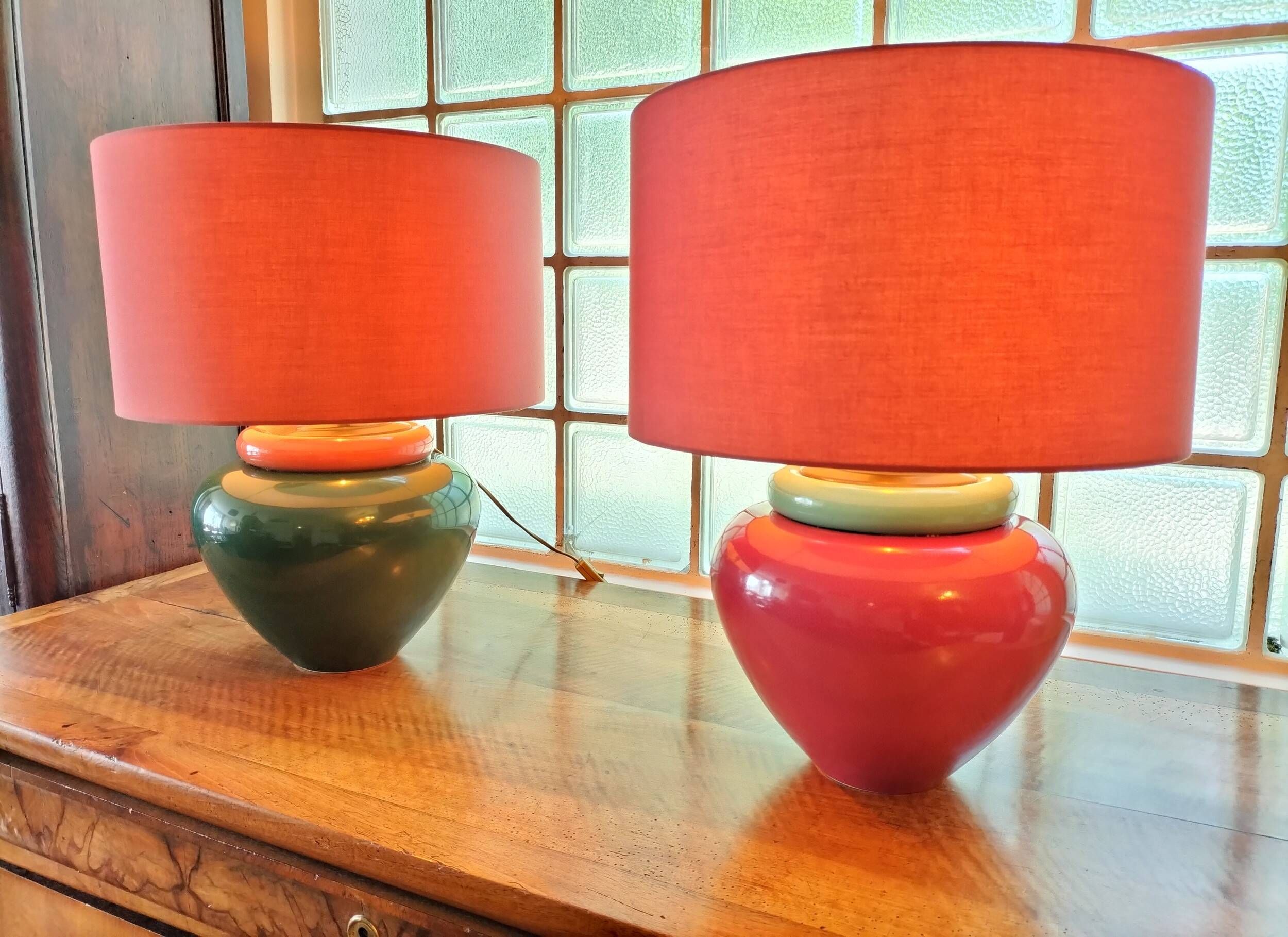 Pair of red and green ceramic lamps