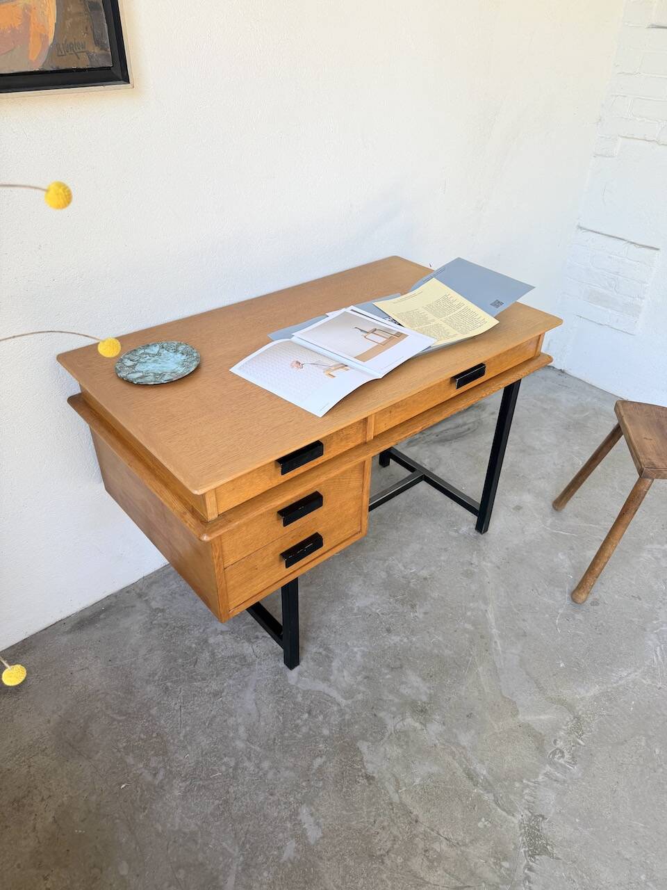 Modernist 50s oak metal desk