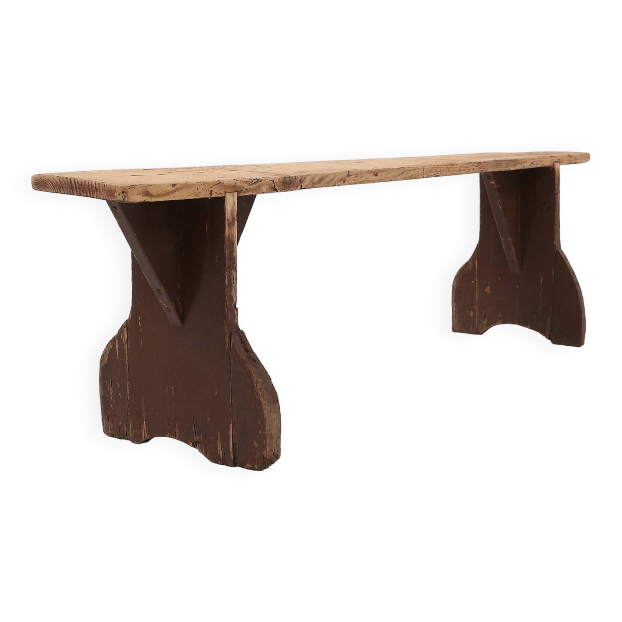 Rustic wooden bench in with brown painted feet, France ca. 1890