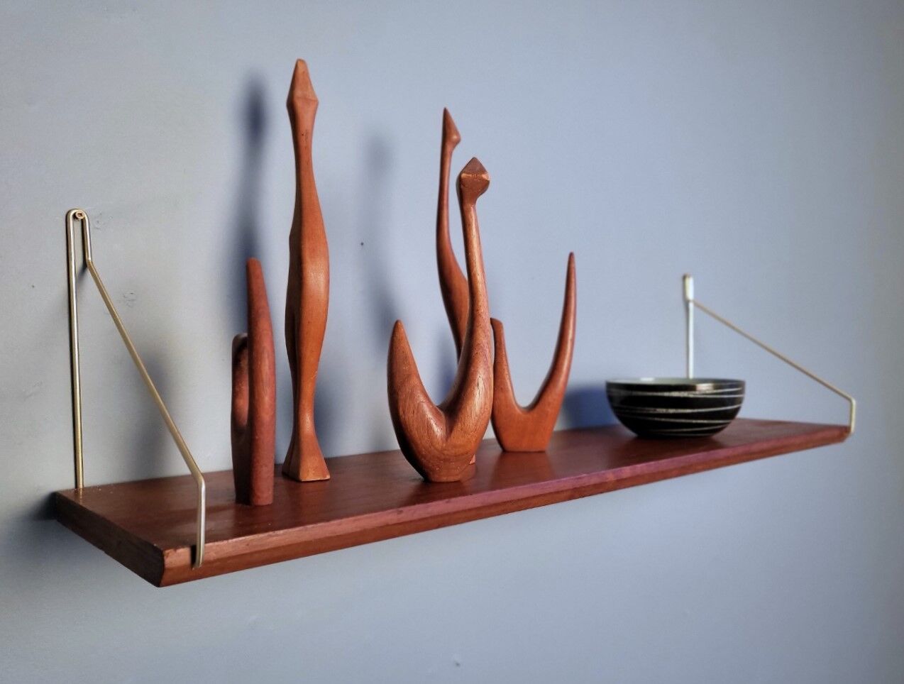 Teak and brass shelf, vintage scandinavian 1960s
