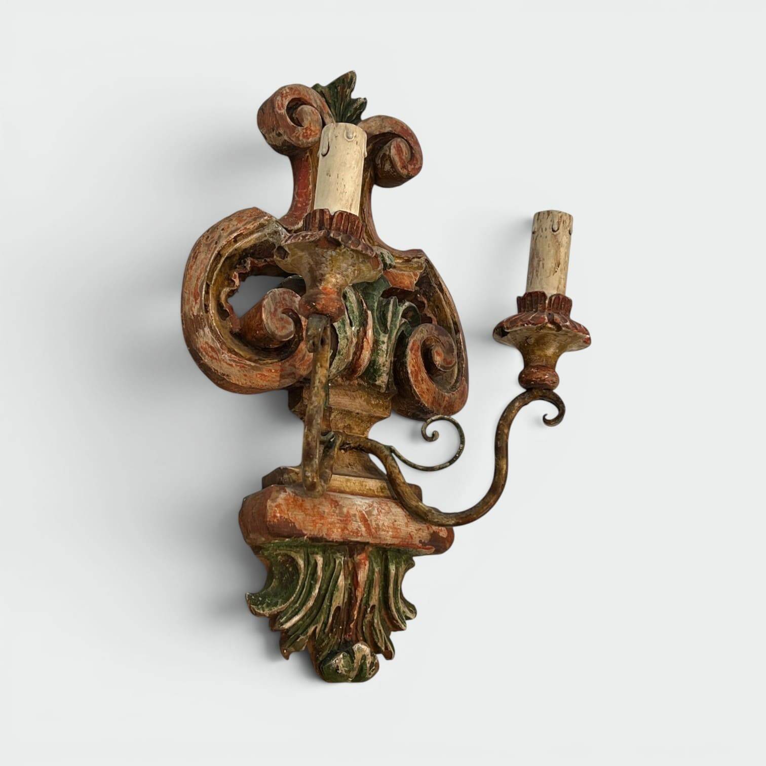 Pair of Polychrome Carved Wood Wall Lights with Vase and Acanthus. Arm in Iron.