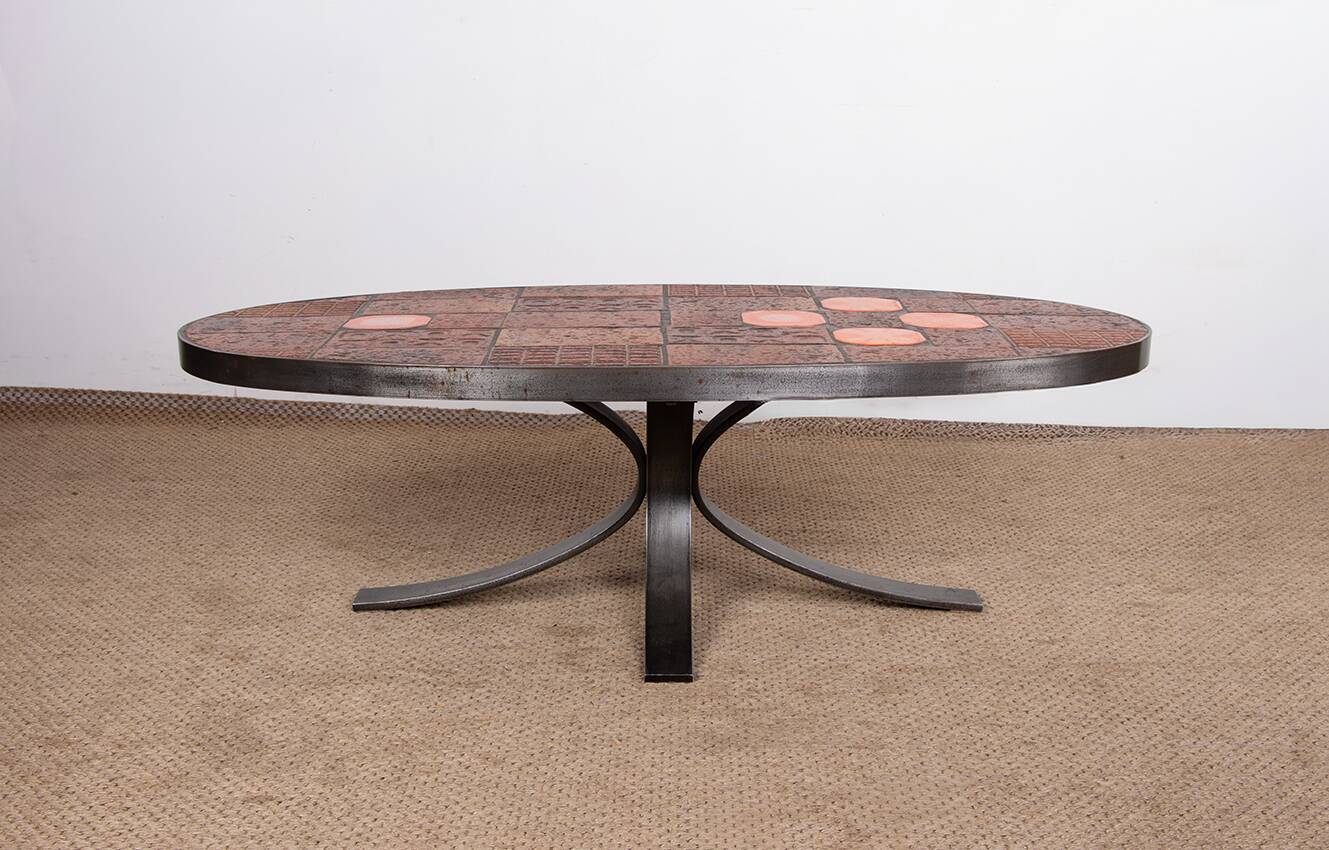 Coffee table in lava stone, ceramic and steel by Jean Jaffeux 1960.