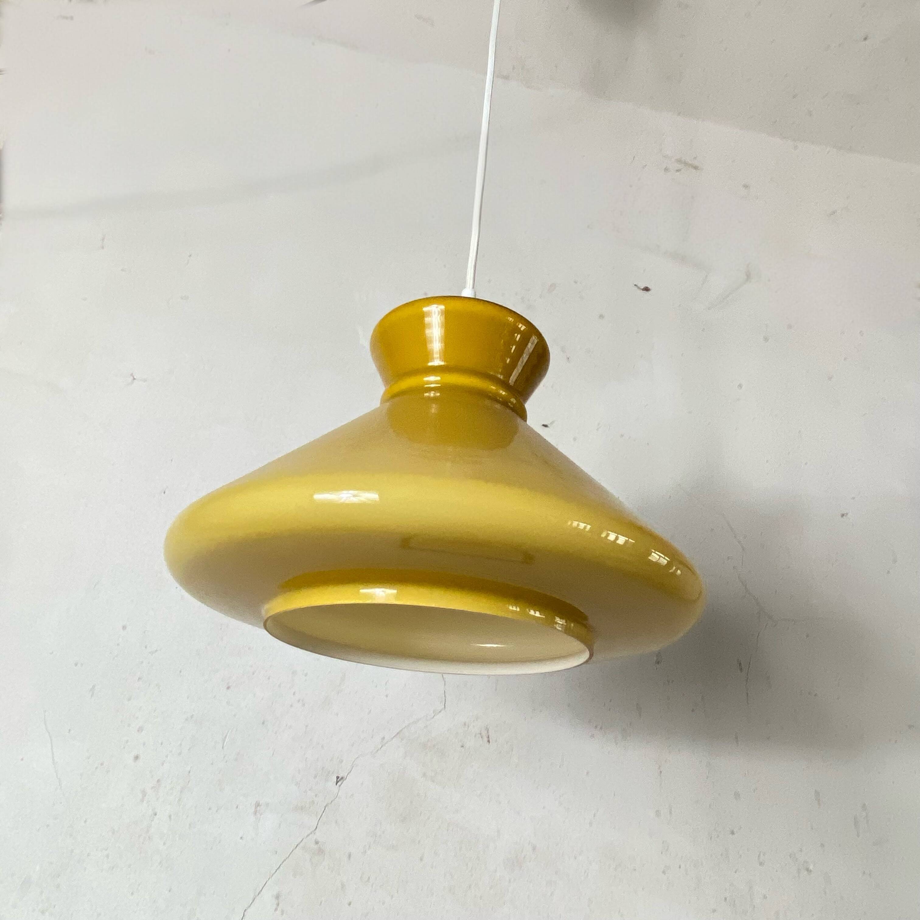Large opaline glass pendant light in ochre 32 cm
