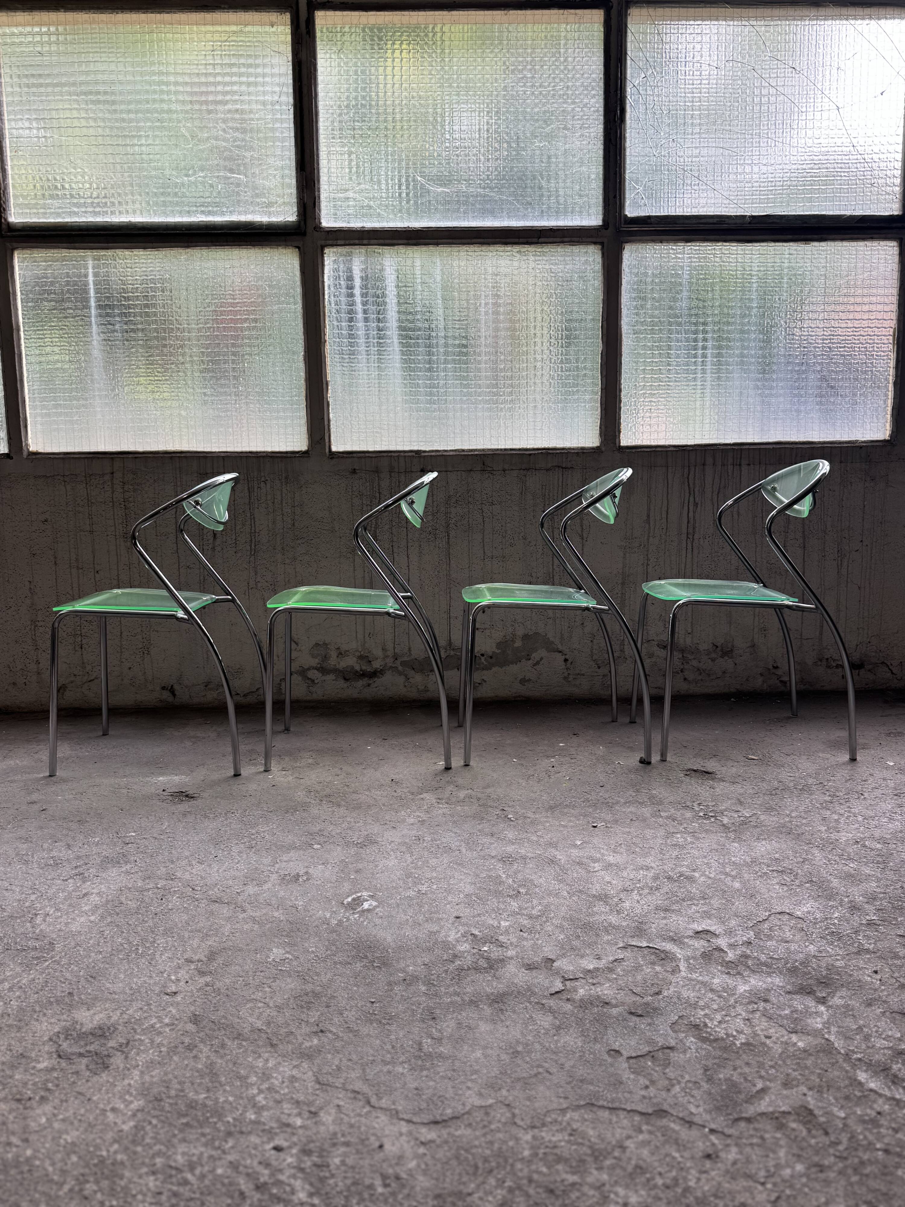 set of 4 designer chrome and plexiglass chairs, 80s