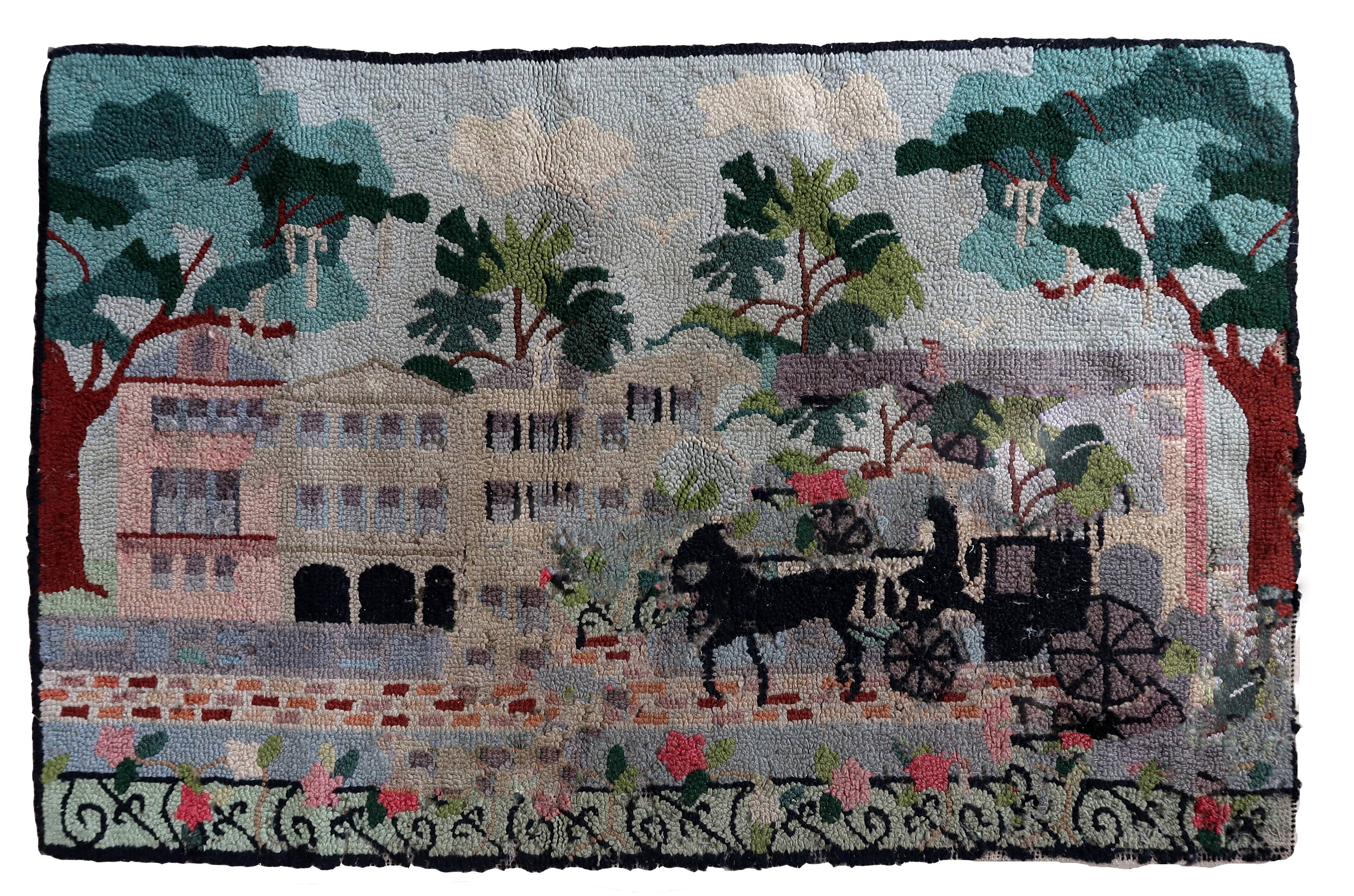 Tapis Hooked vintage américain – 56 x 86 cm – Design pictural - 1C982