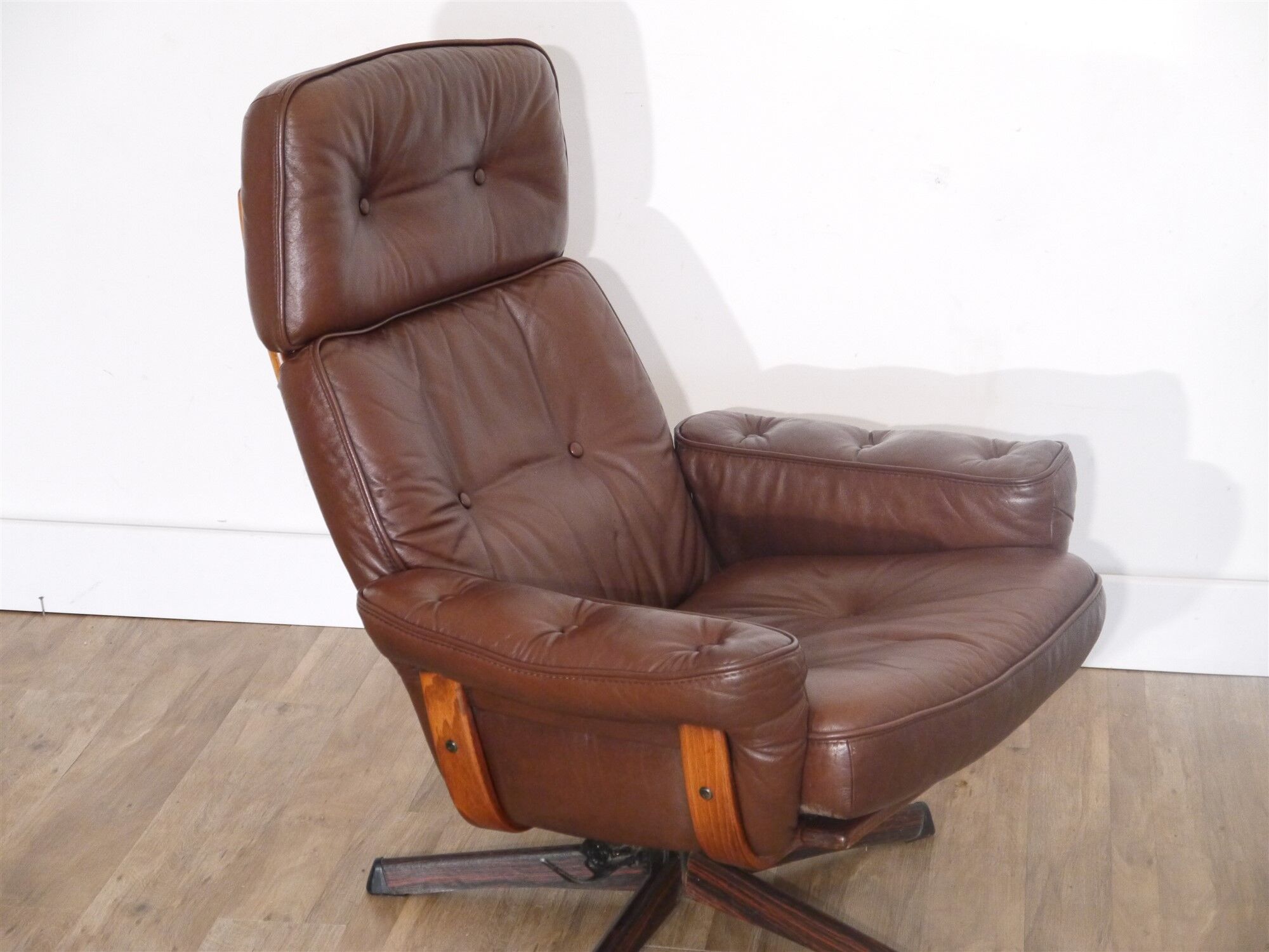 Armchair vintage Scandinavian lounge leather with ottoman 1970