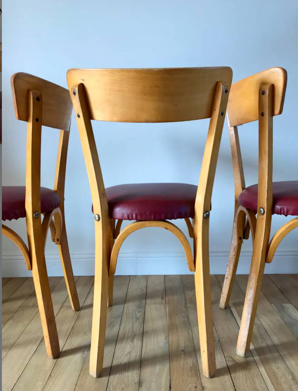 Set of 6 Luterma bistro chairs in blond wood and skaï 50s