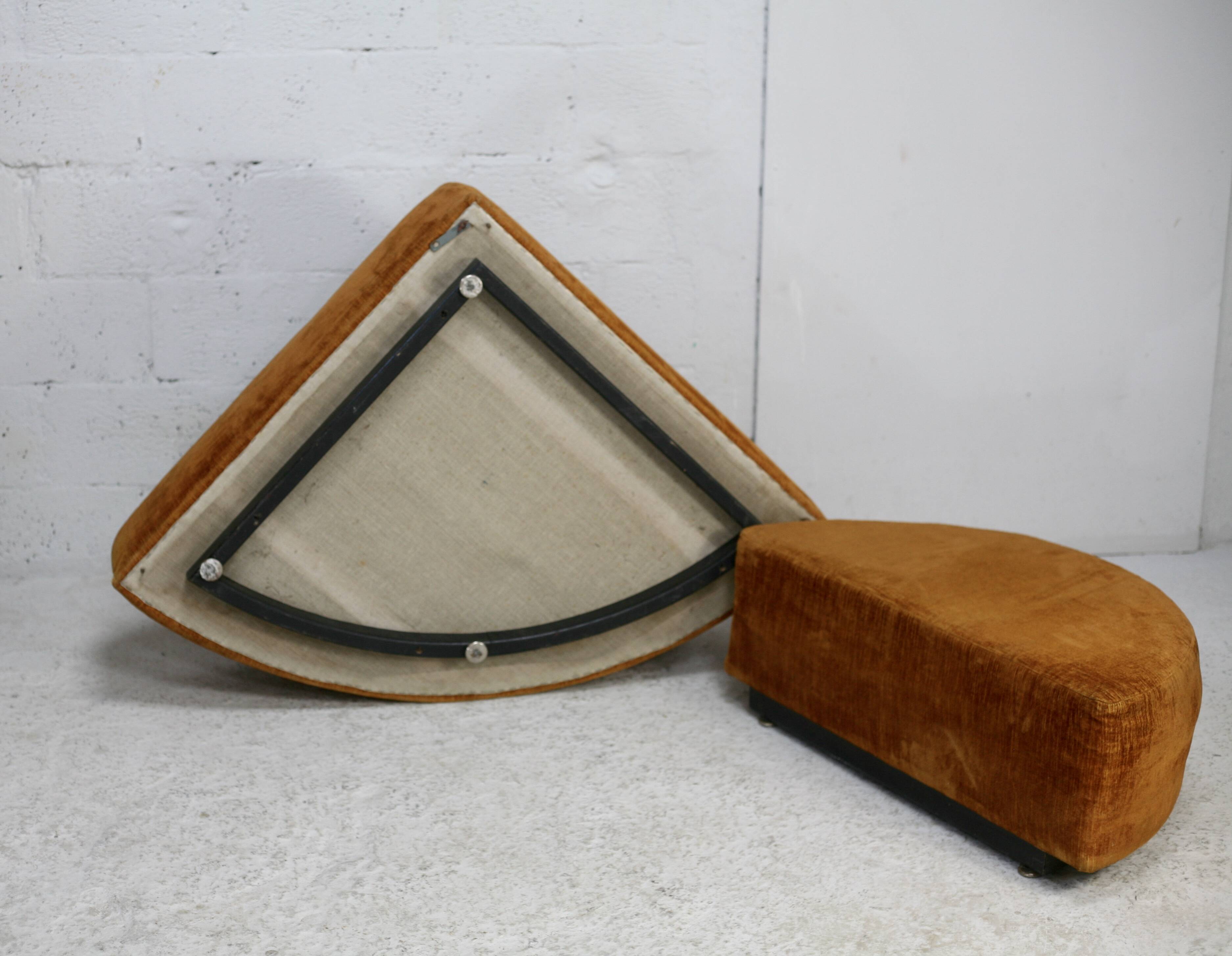 Pair of “tawny” velvet seats. Foam, wood, velvet. Circa 1970