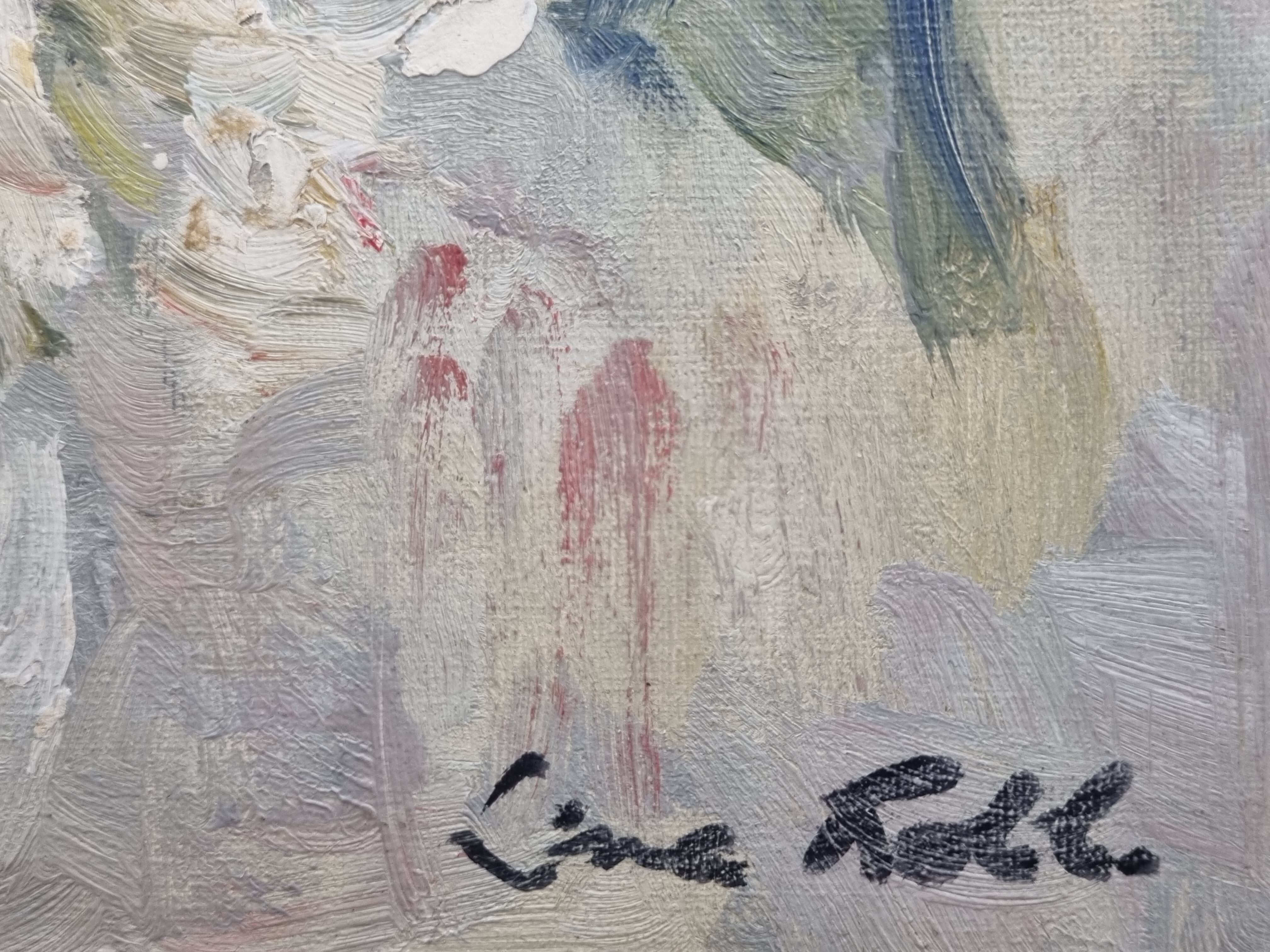 Floral composition, roses, oil on panel signed Line Roll.