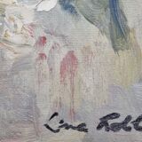 Floral composition, roses, oil on panel signed Line Roll.