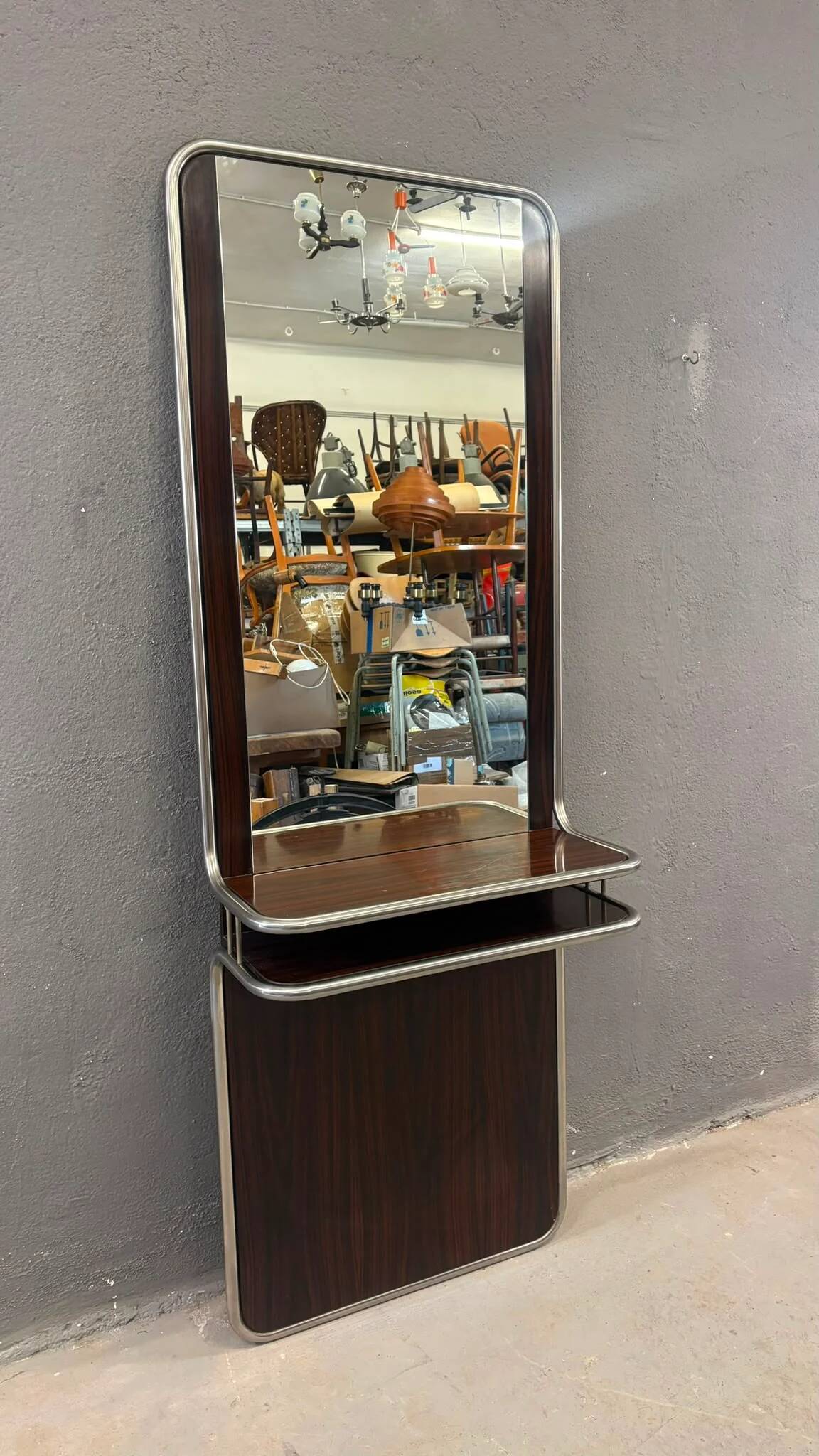 Console murale en chrome et palissandre avec miroir, années 1970, italienne.