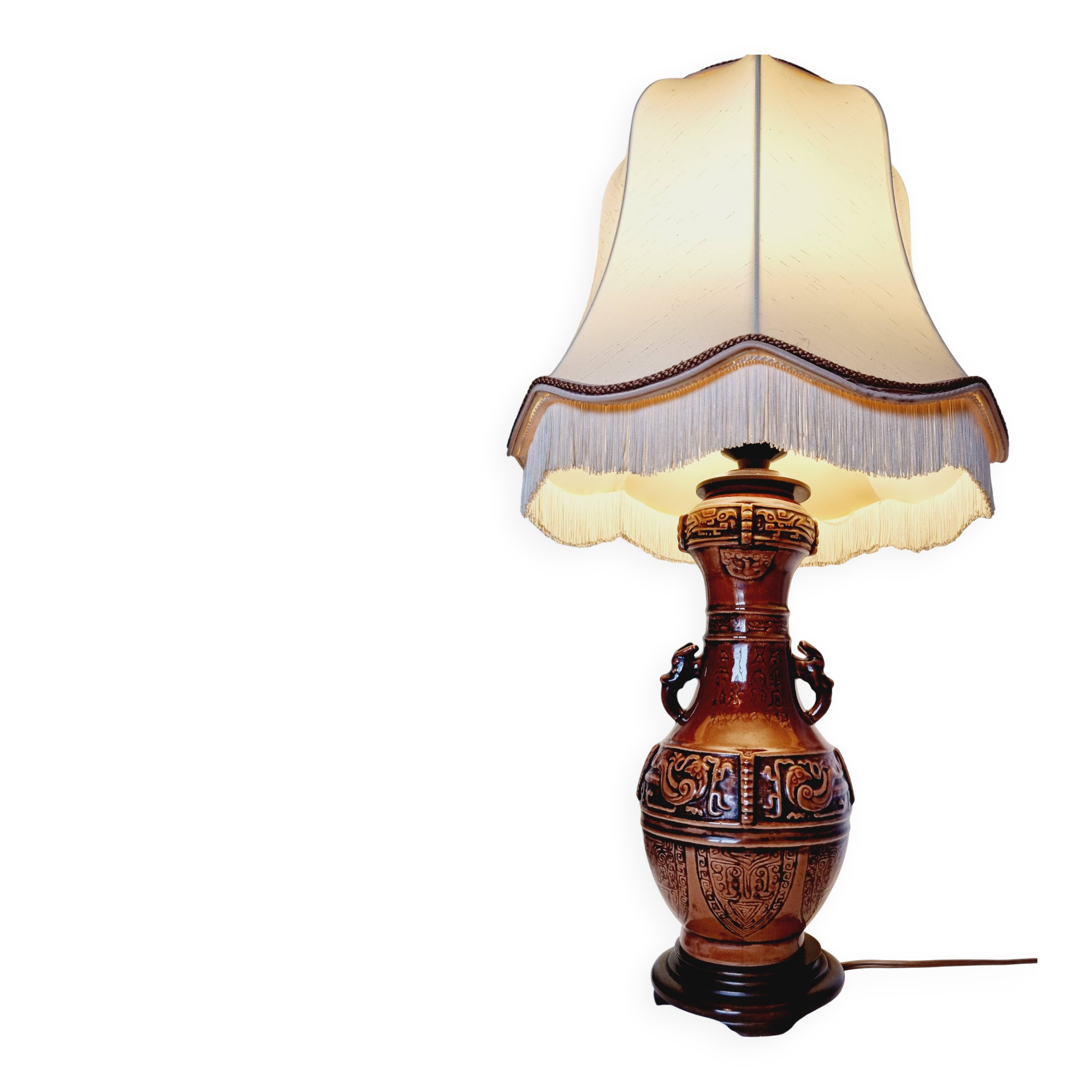 Large vintage table lamp in glazed ceramic, Oriental style 50s-60s.