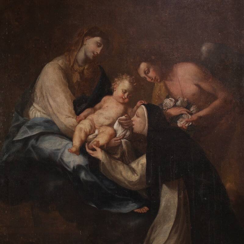 Peinture antique Adoration de Sainte Rose de Lima avec la Madone et l'Enfant