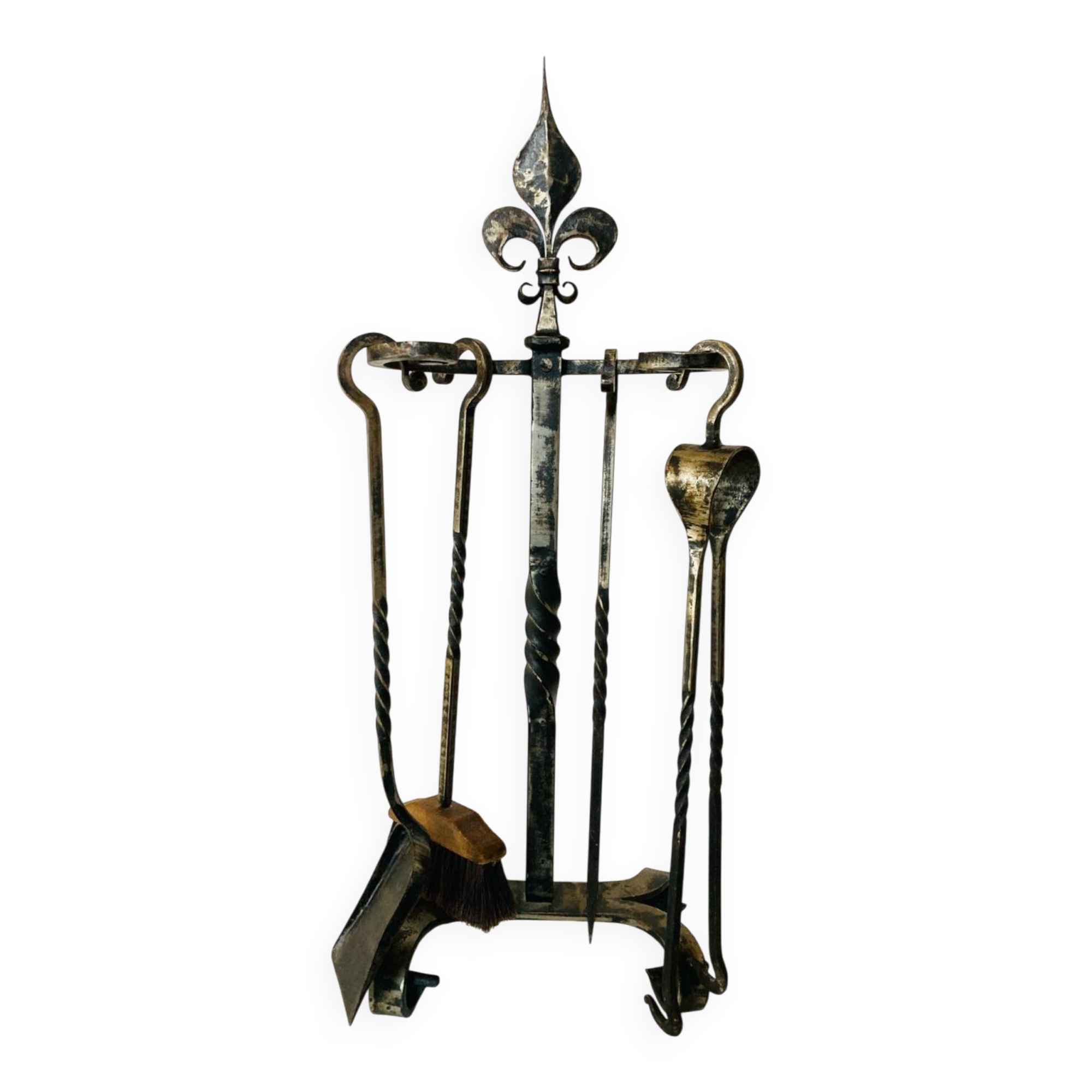 Accessoires de cheminée époque milieu XXe en fer forgé fleur de LYS