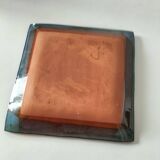 Square turquoise glazed stoneware dish, abstract floral decoration, signed.